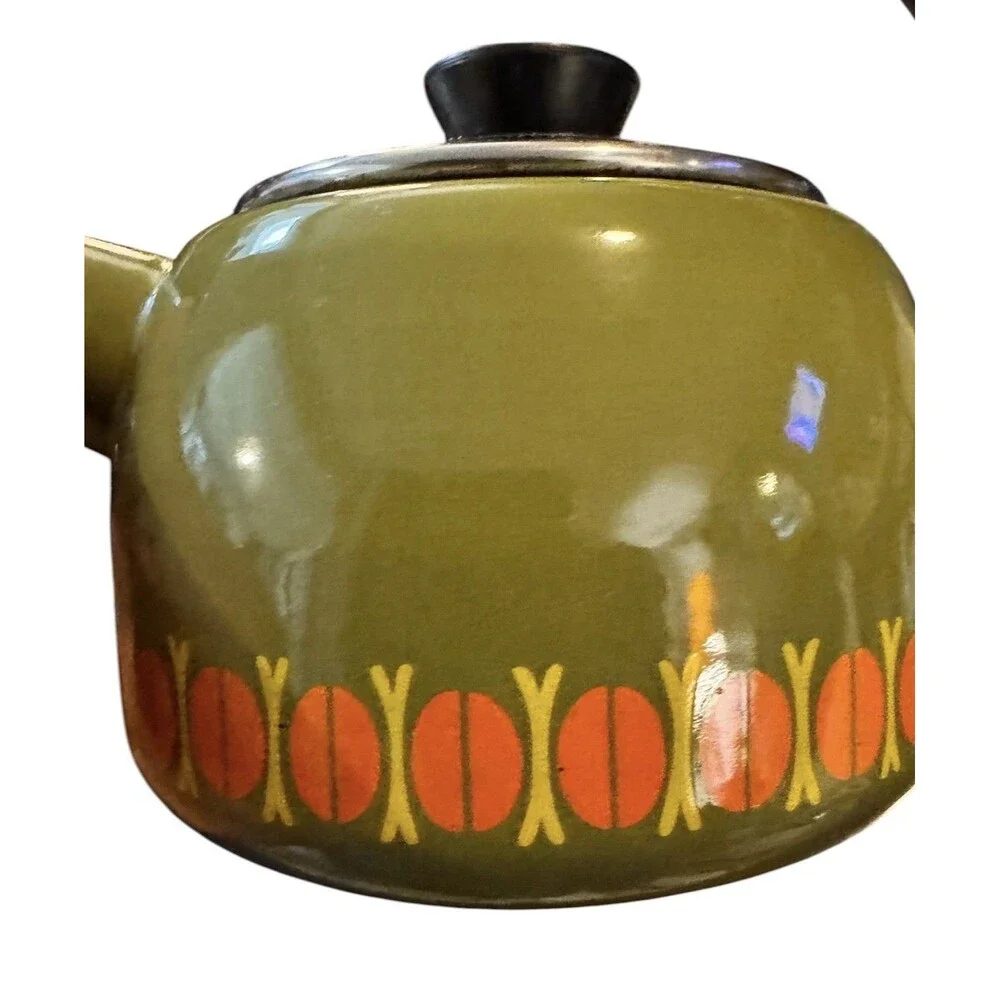 VTG 1960s enamel Teapot made in Austria Avocado Green - Orange Arching Handle